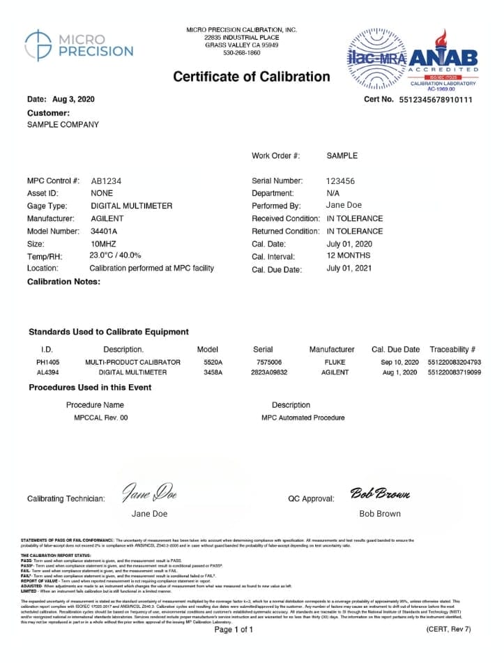 Calibration Certificate Sample